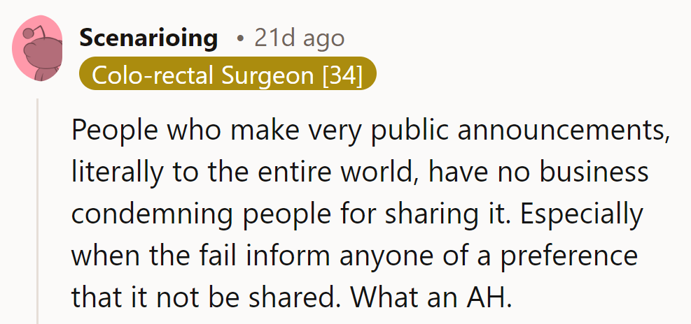 If someone broadcasts news to the world, they can't expect it to stay private at work.