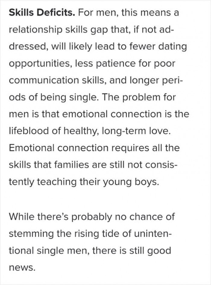 The third trend he lists is men's lack of skills necessary for a successful relationship.