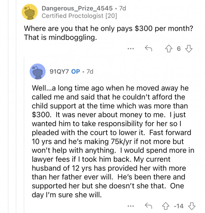 Op pleaded with the court to lower the amount of child support she receives.
