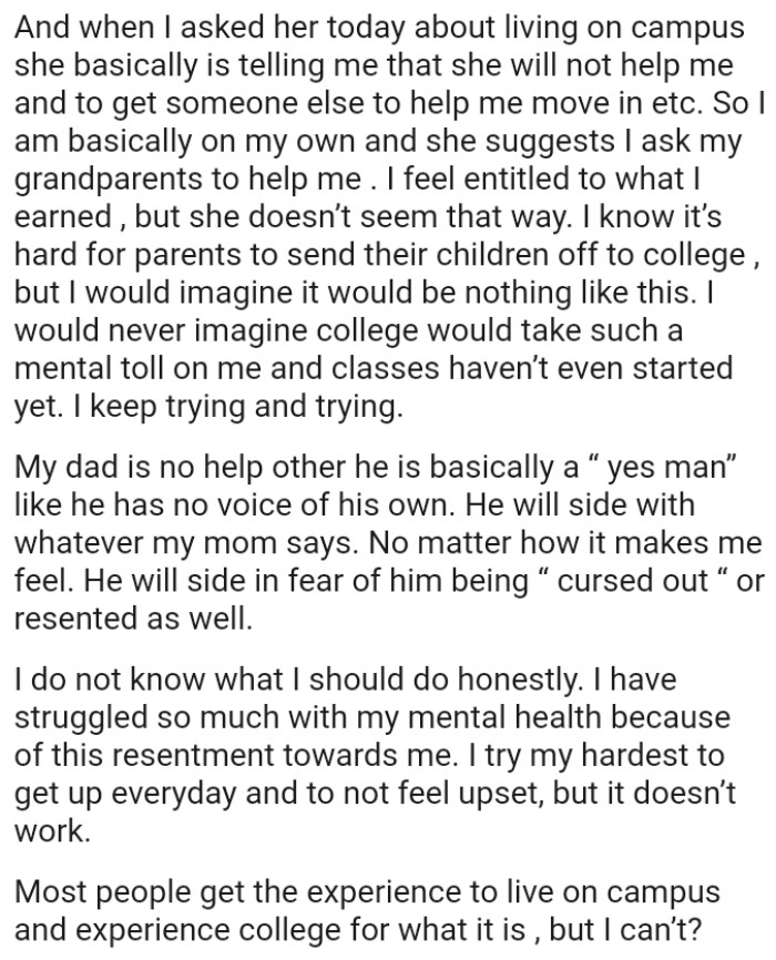 The OP has struggled significantly with her mental health due to this resentment towards her mother