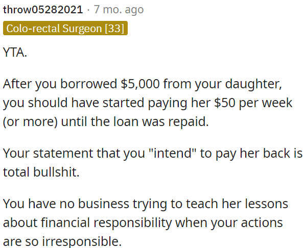 Teaching her financial responsibility is hypocritical given OP's own irresponsible actions.