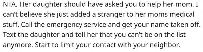 12. Her daughter should have asked for consent before adding her to the emergency contact list.