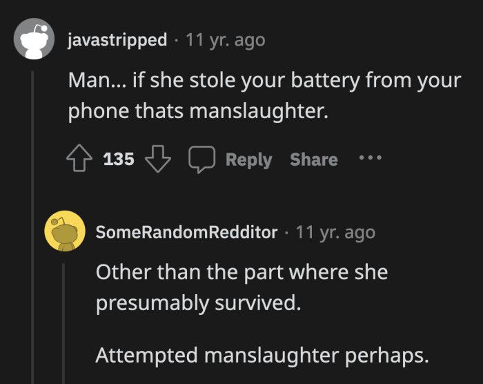 Redditors debated how OP's roommate could have been charged if she had stolen the battery from OP's phone.
