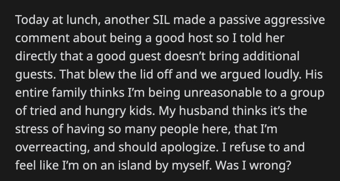 OP's other SIL made a passive-aggressive comment about being a good host at lunch the following day.