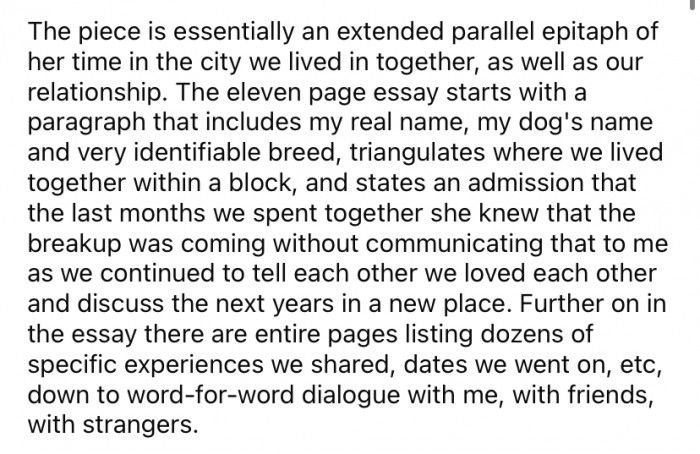 When the OP read the essay, he discovered that his ex had essentially documented their entire relationship in detail.