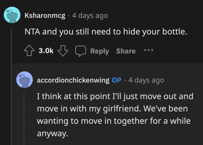 OP doesn't really want to keep hiding his face wash, and it seems like this is the final straw that will push him to move in with his girlfriend once the lease ends
