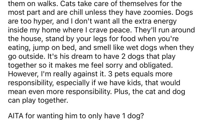 OP thinks cats are easier to manage, but her boyfriend insists on having two dogs.