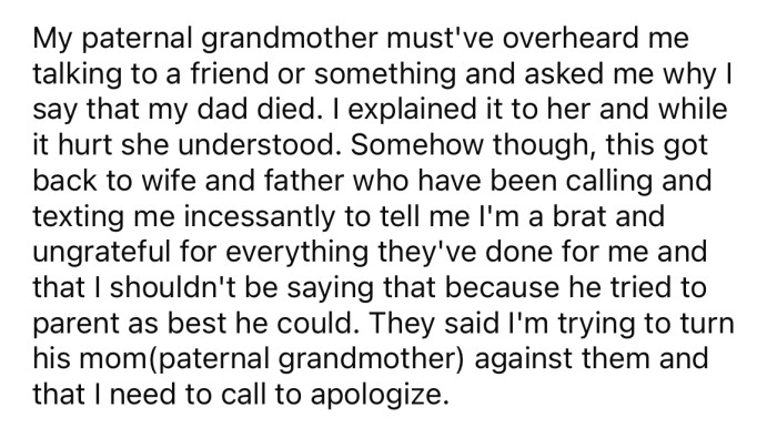 But eventually, it got back to her father and stepmother, and they have been texting and calling the OP non-stop to tell her she is an ungrateful brat.