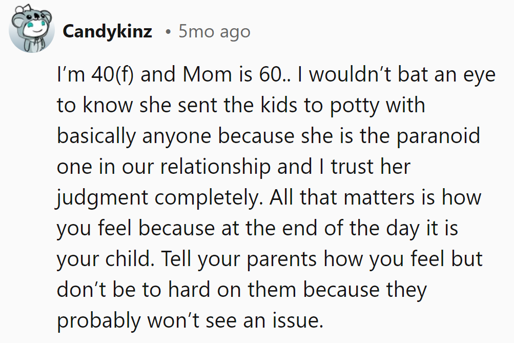 Mom's bathroom diplomacy: age brings trust, but boundaries matter. Communication is key with respect.