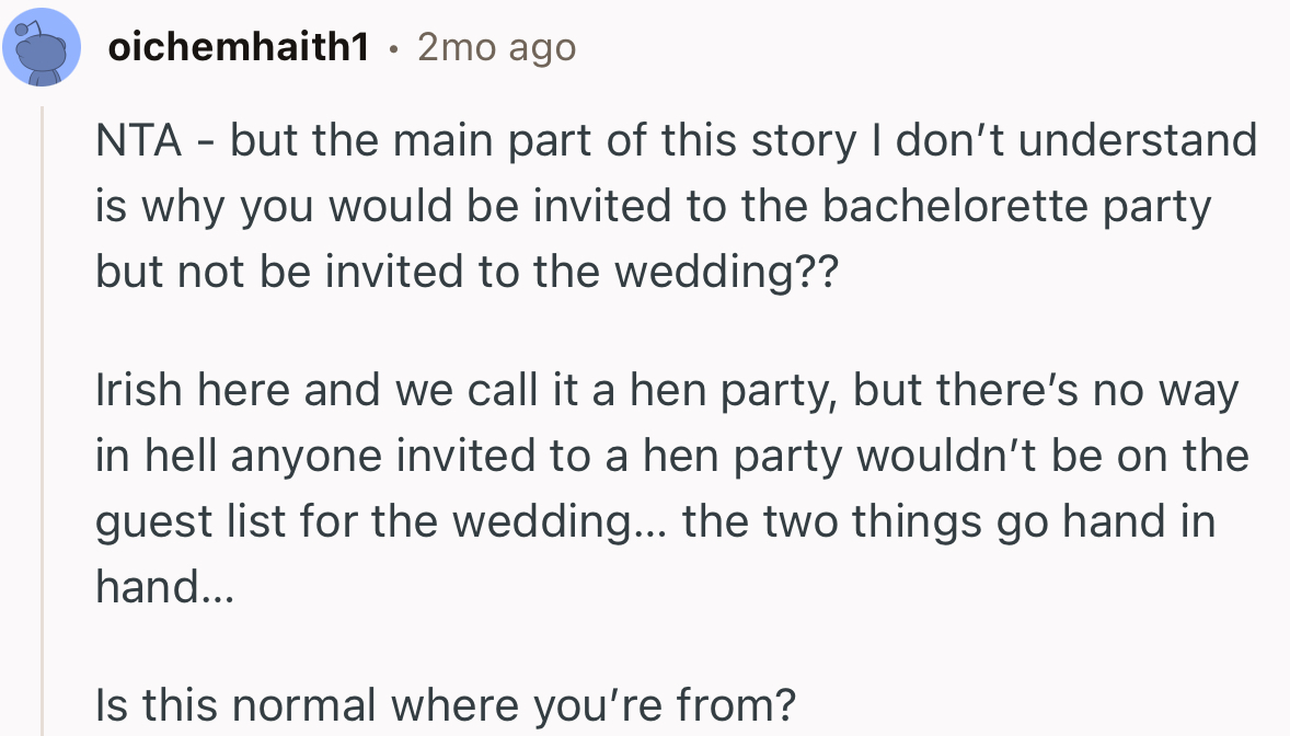 “I Don’t Understand Why You Would Be Invited to the Bachelorette Party but Not to the Wedding??”