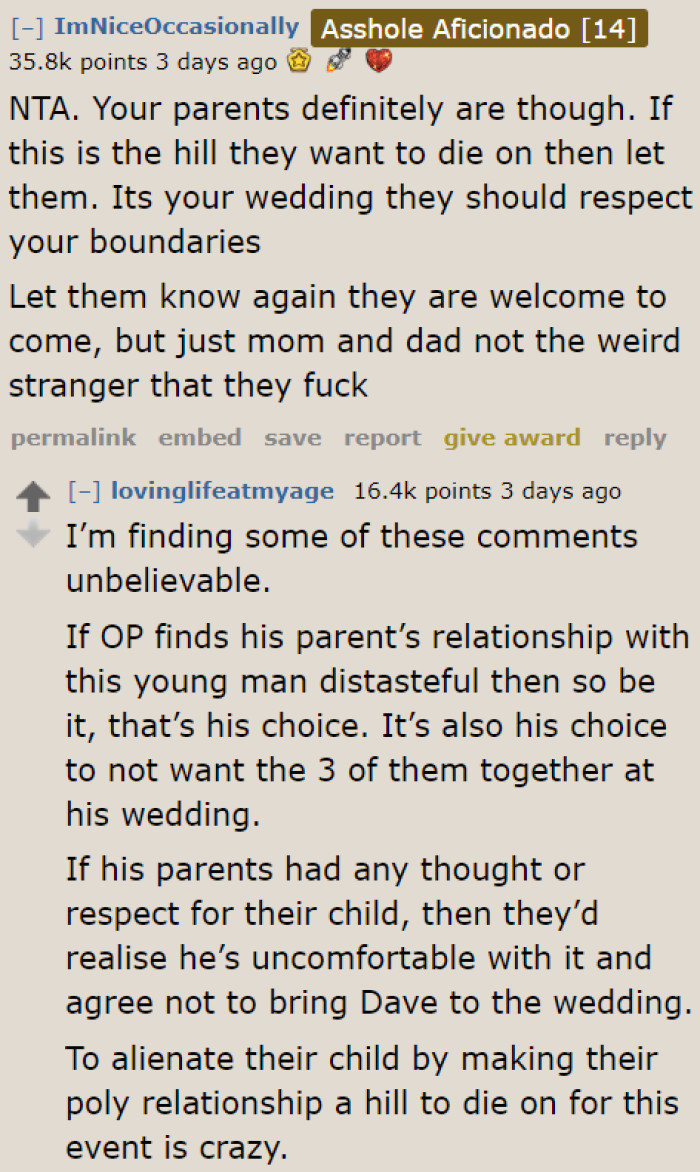 Parents need to know how to respect their son's boundaries. They should let their son decide who comes to the wedding.