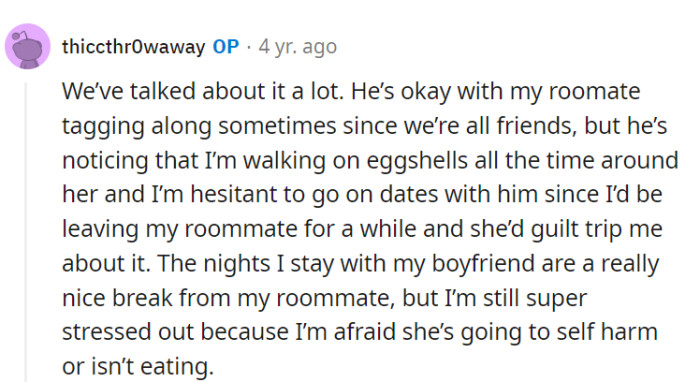 Their conversations with the boyfriend have shed light on her ongoing stress.