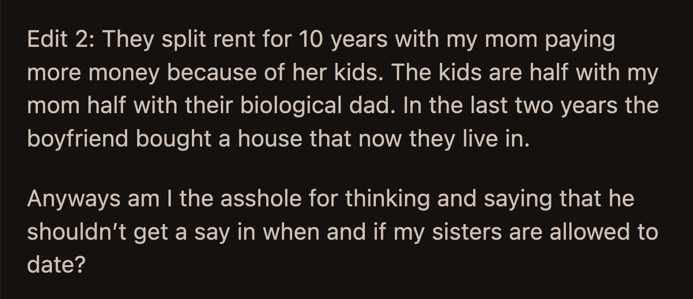 Besides, E and Iris have their father in their lives. Did OP go too far when she put her mom's boyfriend in his place?
