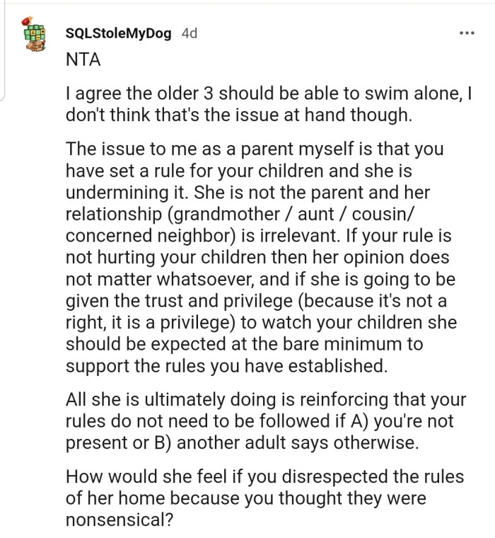 'I agree the older three should be able to swim alone; I don't think that's the issue at hand, though.'