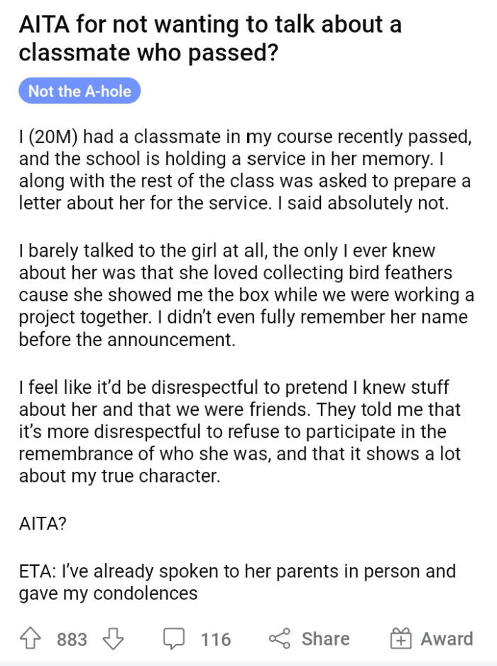 OP shared that their school will hold a ceremony for his classmate.