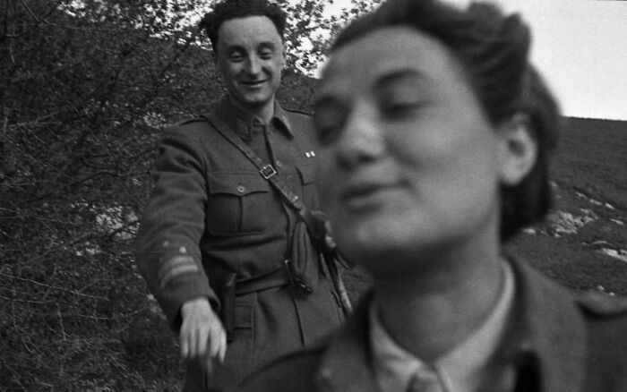 A wedding-day selfie of a Yugoslav Partisan couple, still in uniform, taken in April 1945.