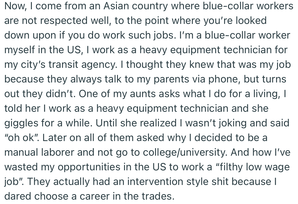 OP’s family was disappointed to find out that he chose to do a blue-collar job rather than go to college