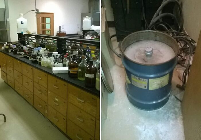 "College Lab Full Of Unmarked Chemical Containers"