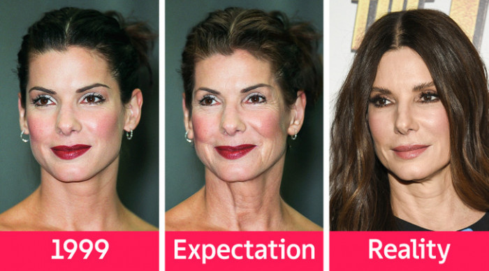 1. Starting off this list is the actress, Sandra Bullock, at 34 years old and 57 years old