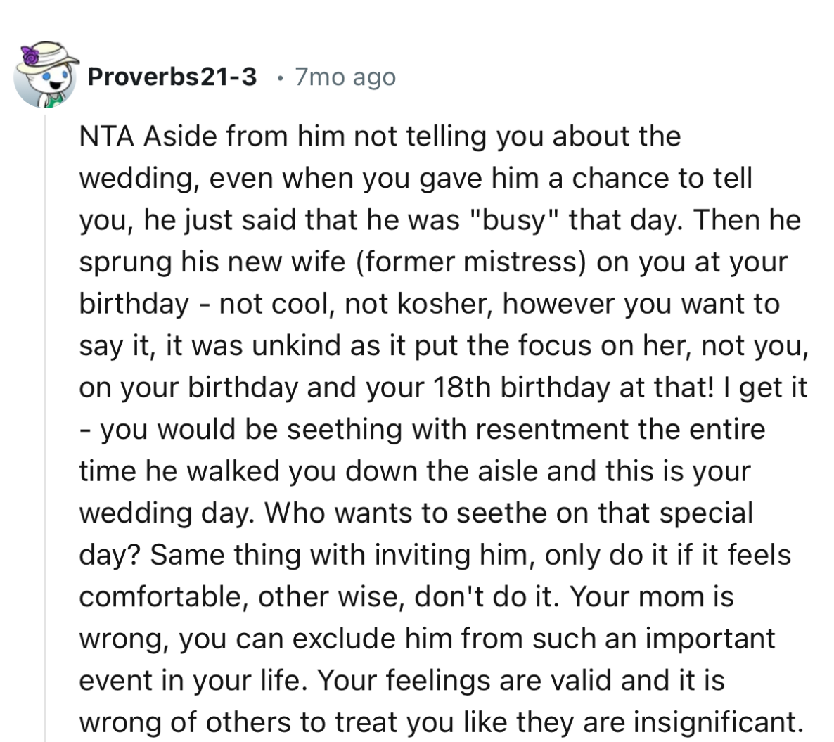 “Your mom is wrong; you can exclude him from such an important event in your life.”