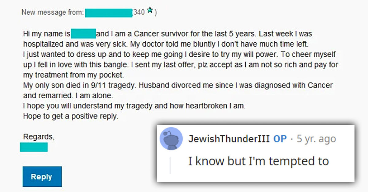 "Divorced Cancer Survivor" Seeks Sympathy To Be Given A Bangle They Cannot Afford To Buy