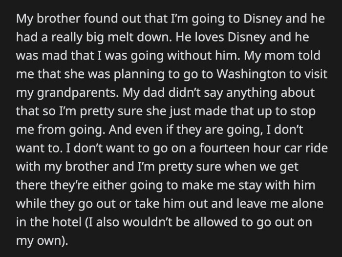 Her mom asked OP to think about her brother. She said his feelings were more important because he is younger and has autism. That's when OP yelled that she couldn't care less about how he felt.