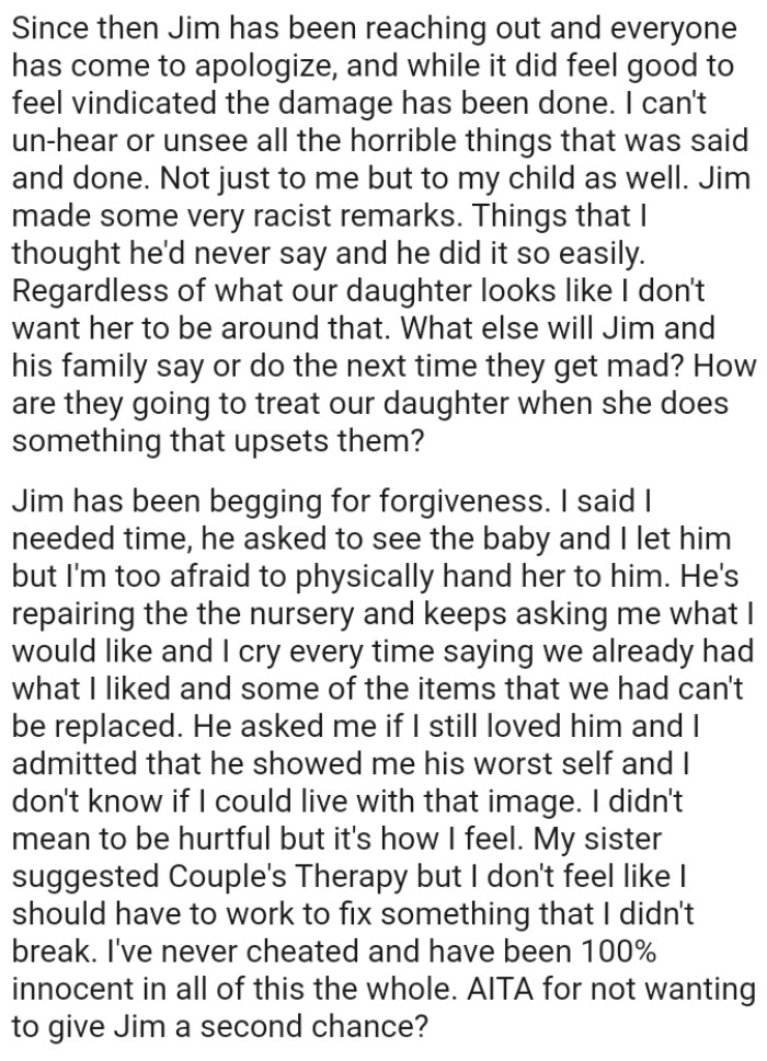 OP admitted that he showed her his worst self and she doesn't know if she could live with that image