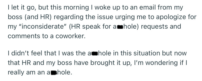 OP woke up to an email urging them to apologize for their “inconsiderate” request