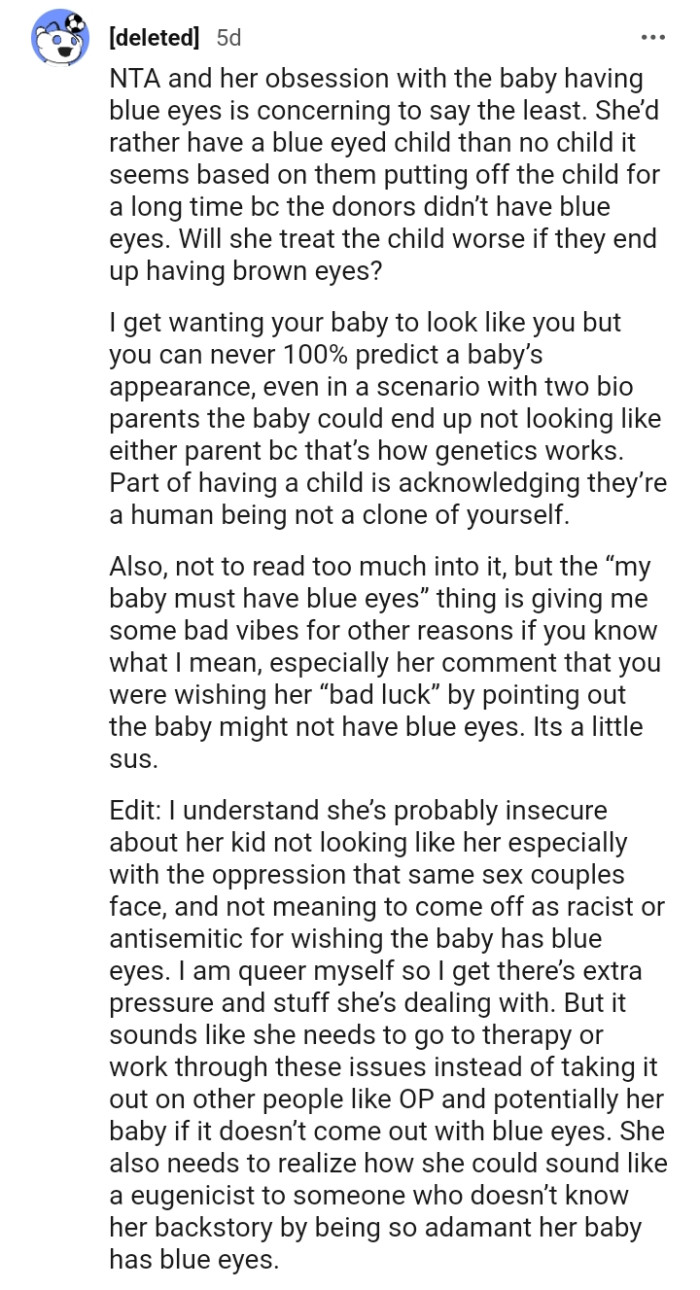 Will she treat the child worse if they end up having brown eyes?