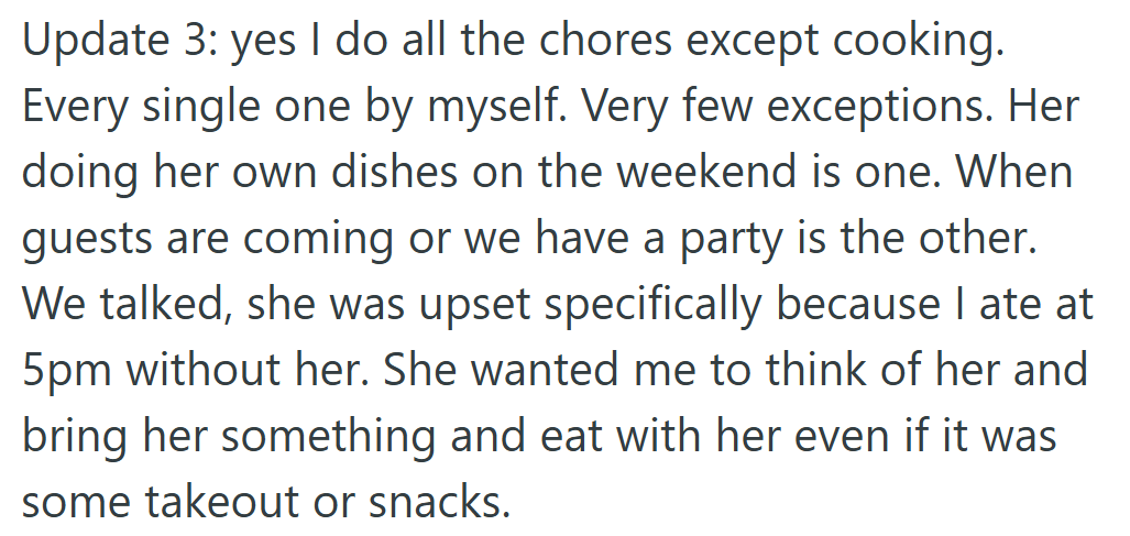 The fight wasn’t over food at all. It was over eating alone at 5 p.m. without her.