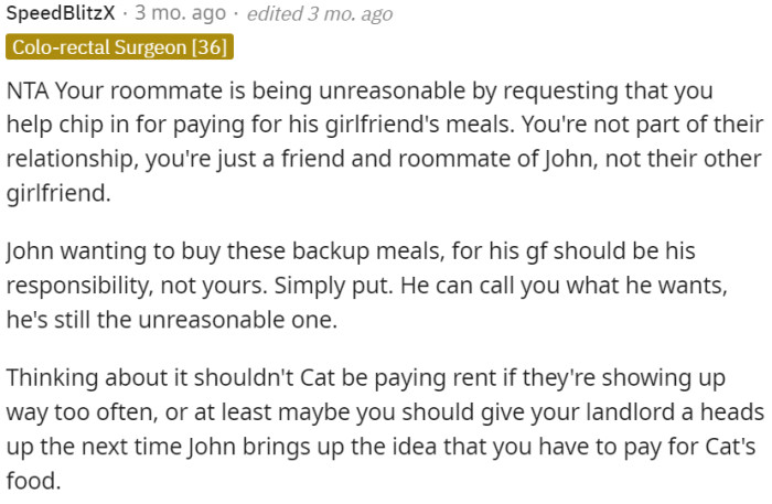 Roommate's request for financial contribution to girlfriend's meals is unreasonable