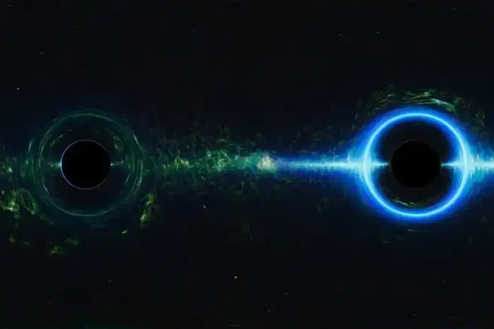 A generated image demonstrating how black hole silhouettes are created by stellar black holes bending starry backgrounds and capturing light