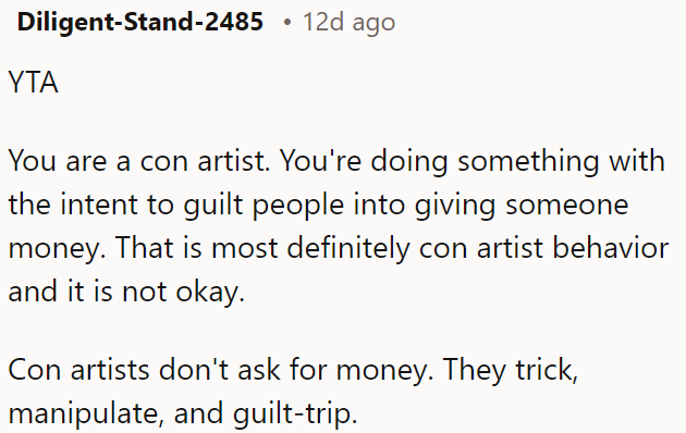 Ella's mother is behaving like a con artist by guilt-tripping people into giving money, which is manipulative and wrong.
