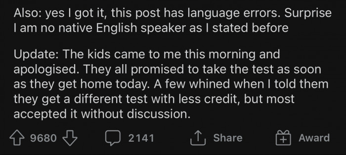OP added that she is not a native English speaker because some people mentioned the grammatical mistakes in her post.
