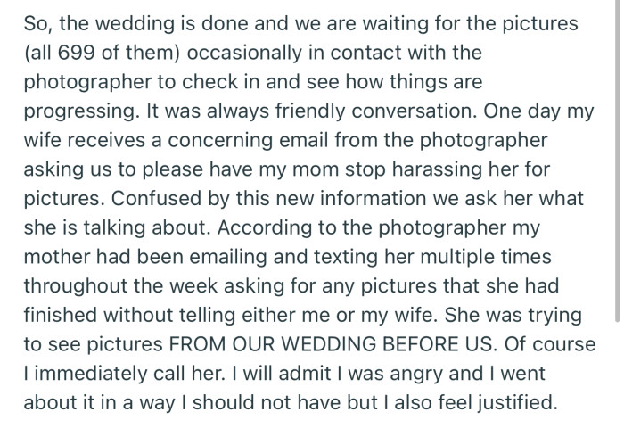 OP discovered that their mom had been harassing the photographer to release their wedding pictures to her