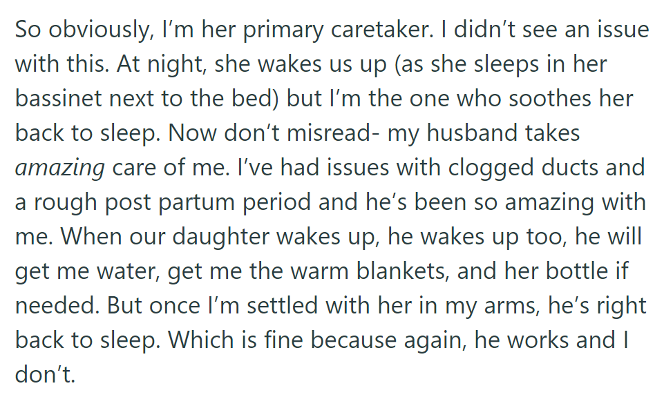 OP tends to the newborn at night; husband helps but returns to sleep for work.