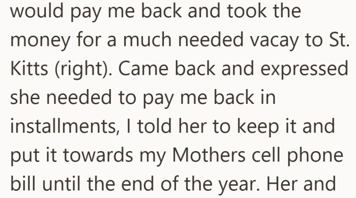What began as a loan slowly became a favor tied to family logistics, not a clear repayment plan.