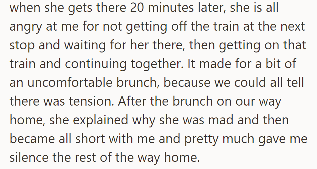 Wife arrives late, upset for not waiting. Tension at brunch leads to silence on the way home.
