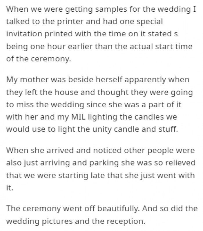 The idea was to send his parents different invitations and trick them into arriving on time.