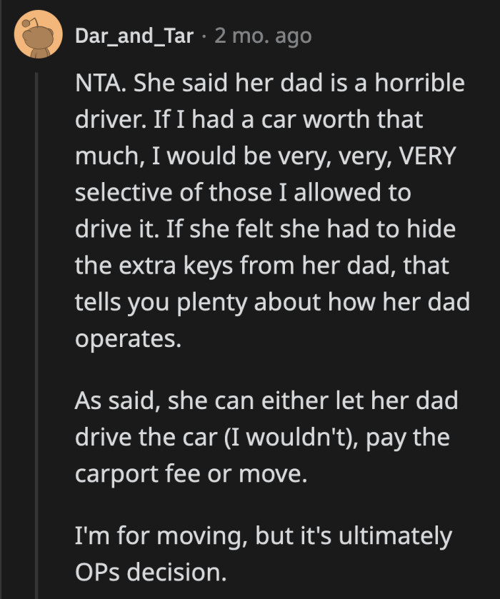 As for the car issue, if OP thinks her dad is a reckless driver, then prohibiting him from driving her sports car is the right call.