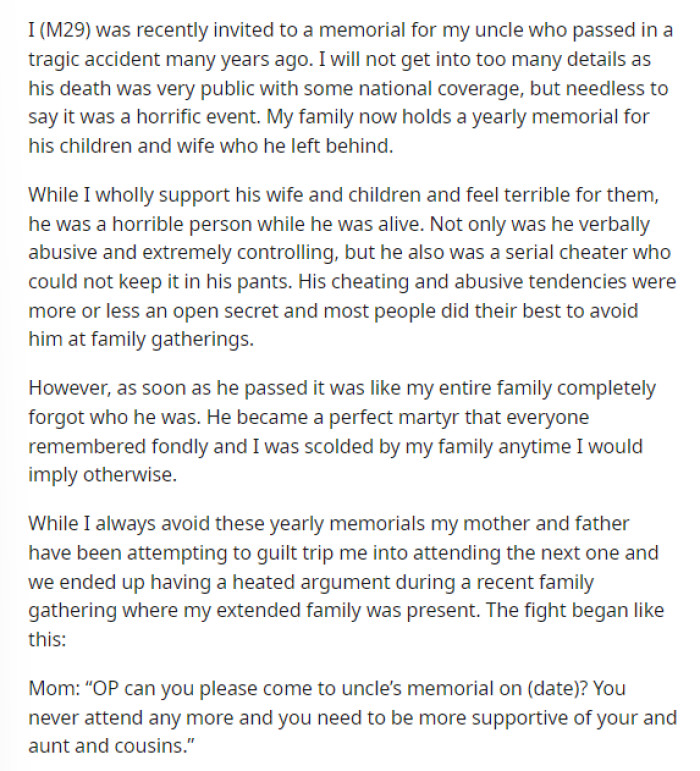 OP gets into details about his uncle, how he passed, and what his issues are with his uncle.