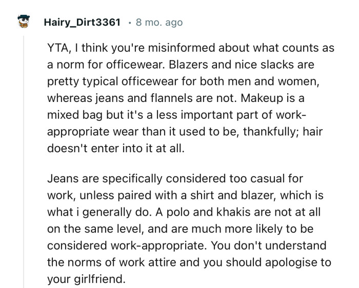 “YTA, I think you're misinformed about what counts as a norm for office wear.”