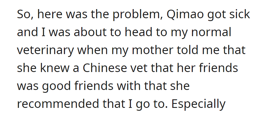 Qimao got sick, and OP's mom recommended a Chinese vet through a friend. A cultural touch for cat care!