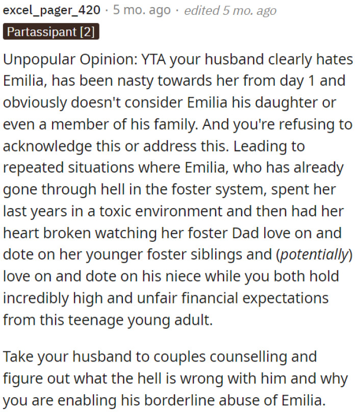 OP needs to seek couples counseling to resolve this issue and reconsider the unfair financial expectations of Emilia.
