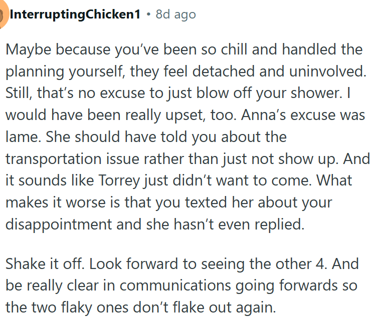 No excuse to just blow off OP's shower.