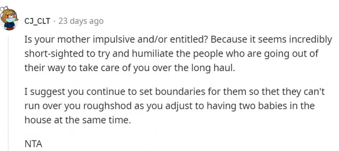 Is OP's mother impulsive and/or entitled?