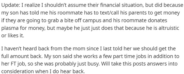 OP is waiting for a response from the roommate's mother