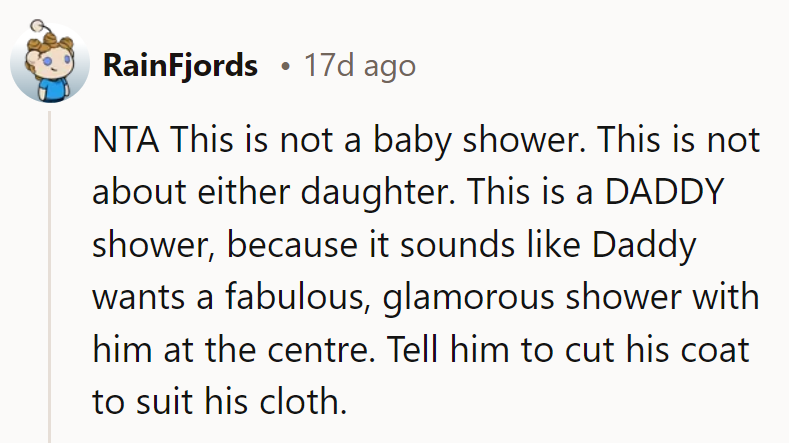 NTA. It's not a baby shower; it's a DADDY shower! Time for budget-friendly adjustments.