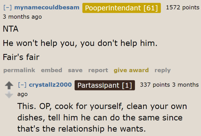 Some Redditors agree with the OP's plan to stop cooking for her husband.