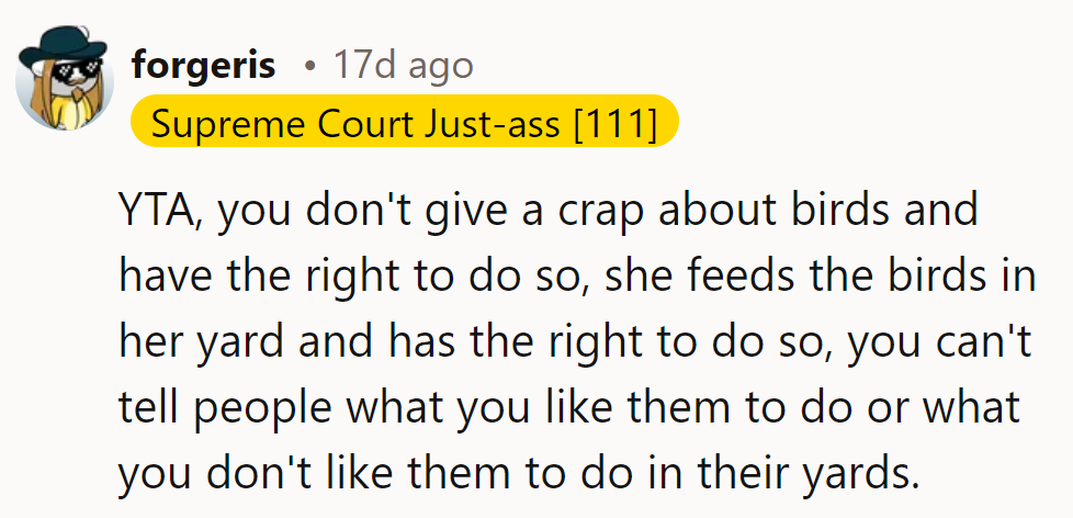 He seems more focused on feathers than on the freedom to feed birds in yards.